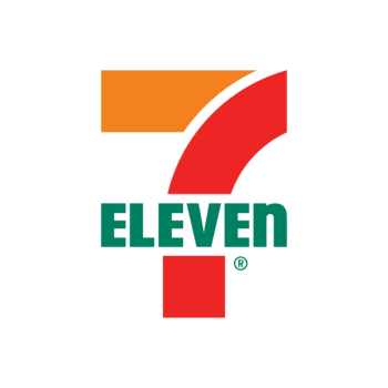 The image shows the 7-Eleven logo, featuring a stylized red and orange "7" with the word "ELEVEN" written in green capital letters across it.
