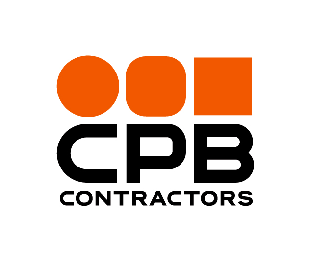 Logo of CPB Contractors featuring two orange circles and one orange square above the black text "CPB CONTRACTORS" on a white background.
