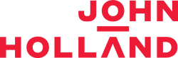Red text on a white background reads "JOHN HOLLAND" with a line under "JOHN.
