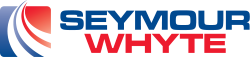 Logo of Seymour Whyte, featuring stylized curved lines in shades of red and blue to the left, followed by the company name in bold blue and red uppercase letters on a white background.